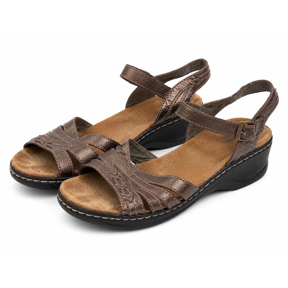 Clarks Bendable Metallic Bronze Leather Wedge Strappy Sandals Women's Size 10M